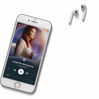 Inside the Wooniverse podcast image on iPhone screen with earpods nearby