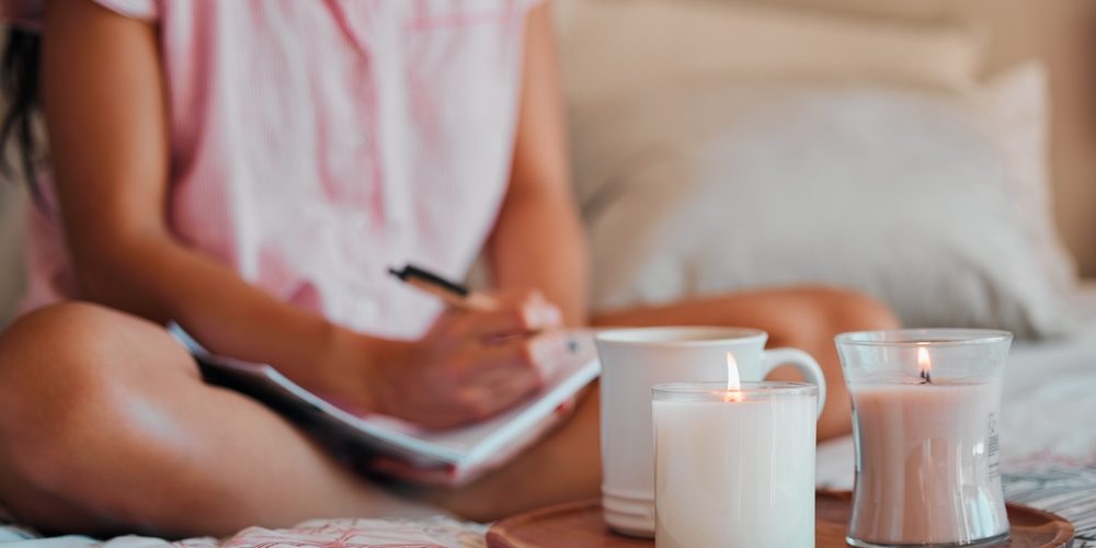 Notebook,,Writing,And,Woman,With,Home,Candles,For,Healing,Journal,