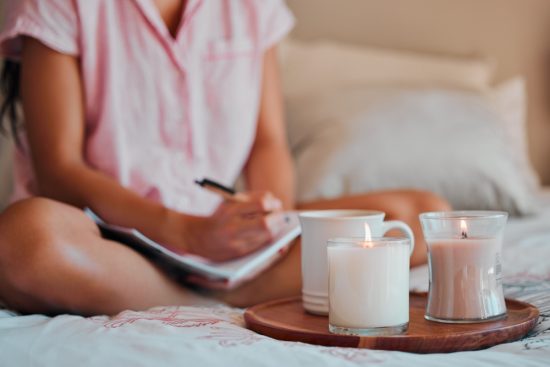 Notebook,,Writing,And,Woman,With,Home,Candles,For,Healing,Journal,