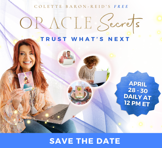 A banner image for the Oracle Secrets free workshop, featuring the title of the event, an image of Colette holding cards from her Wisdom of the Oracle Card deck.