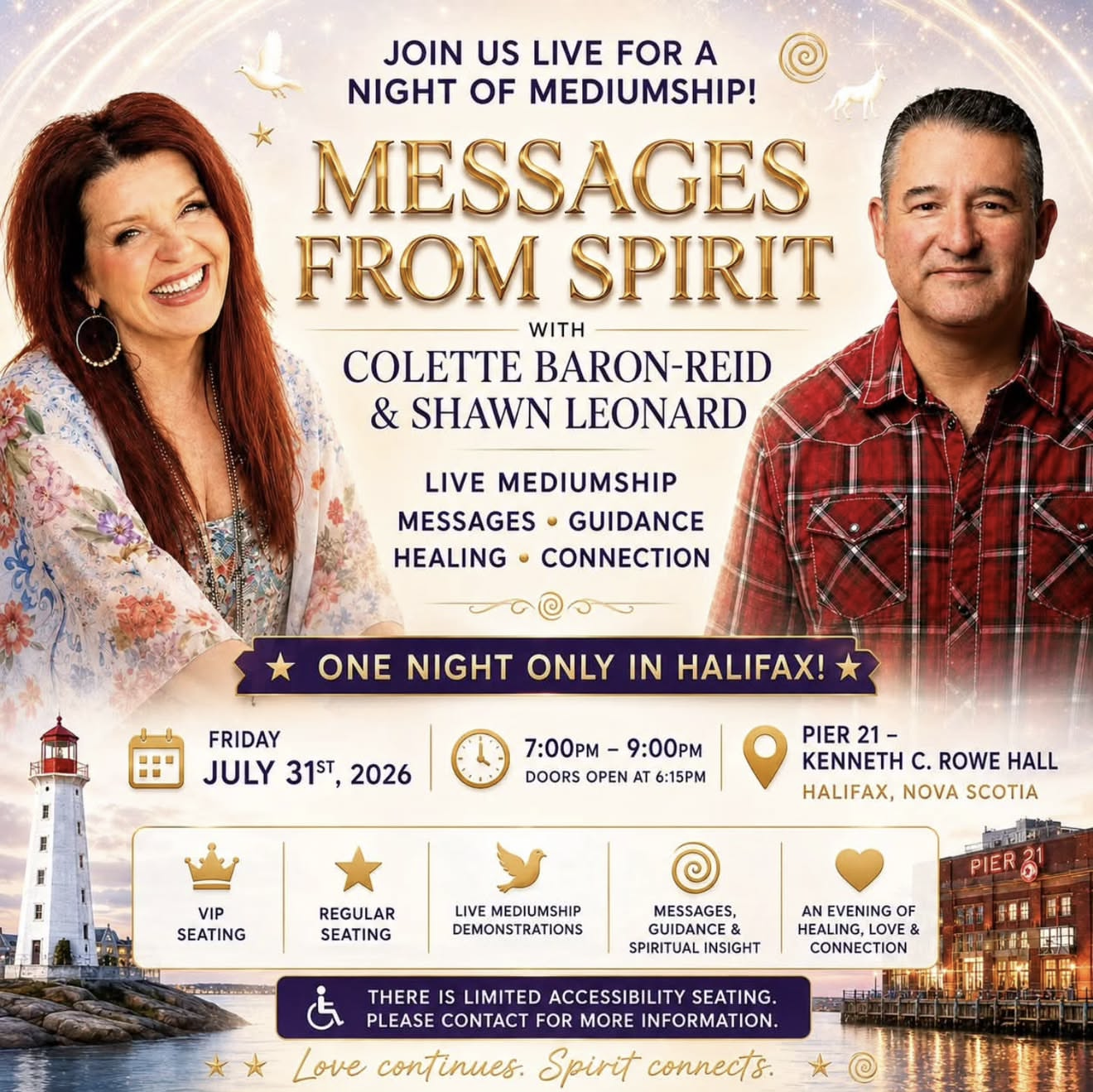 Messages from Spirit with Colette Baron-Reid & Shawn Leonard Join Us live for a night of mediumship. Messages from spirit with Colette Baron-Reid & Shawn Leonard. July 31, 2026